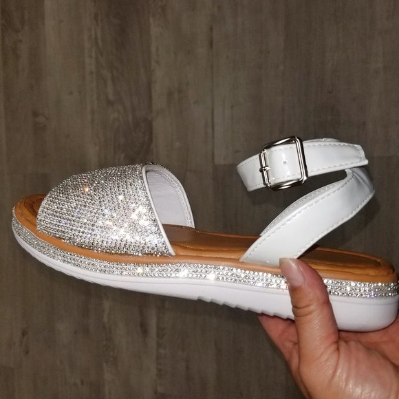 New White Rhinestone Ankle Strap Flat Sandals - Picture 2 of 4